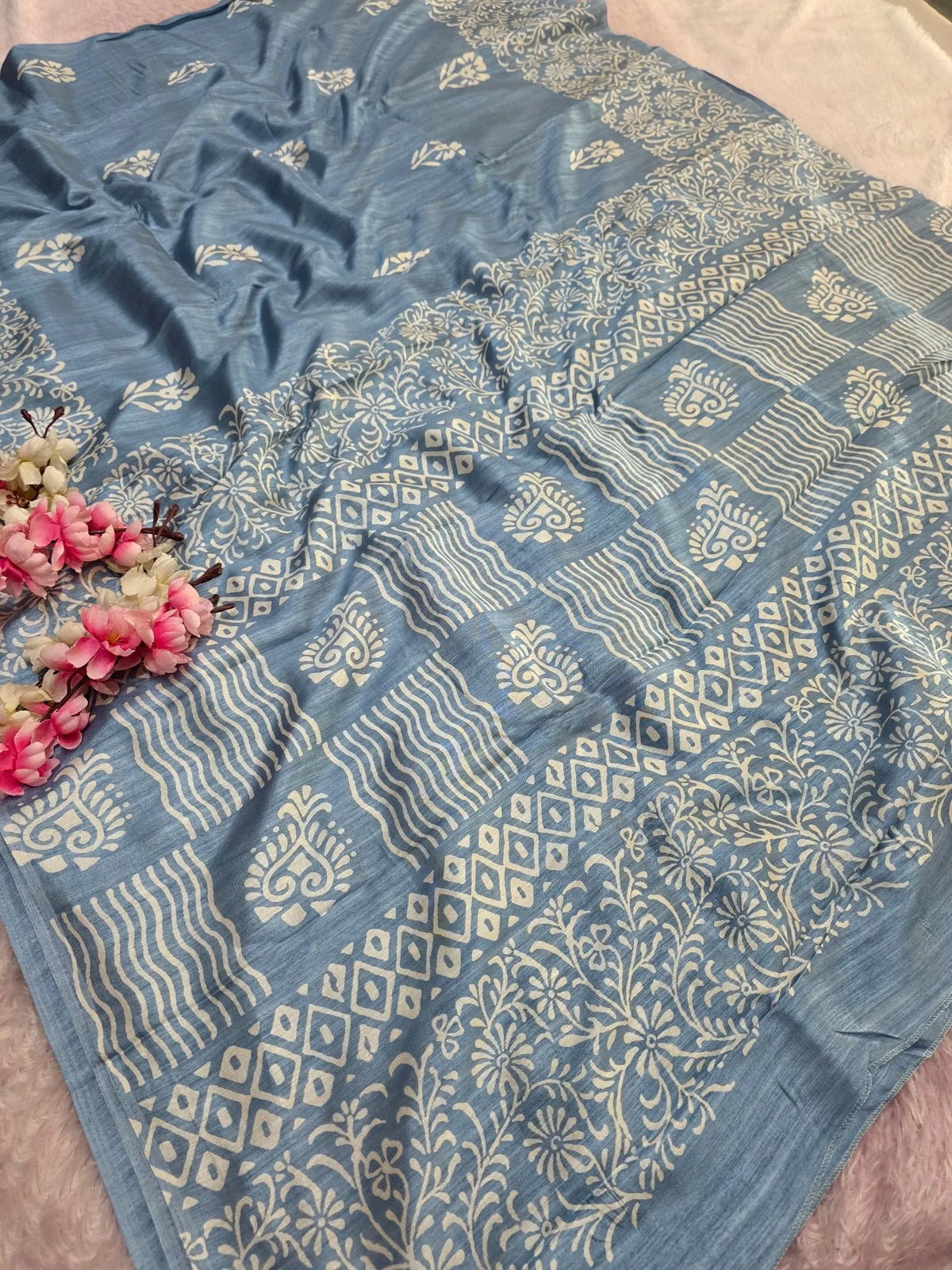 Ca1524 Soft Dola Silk Block Print Saree - Blue