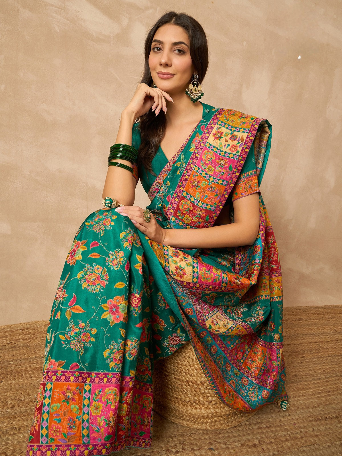 931004 Royal Kashmiri Pashmina Work Pure Soft Dola Silk Saree with Heavy Zari Blouse - Green