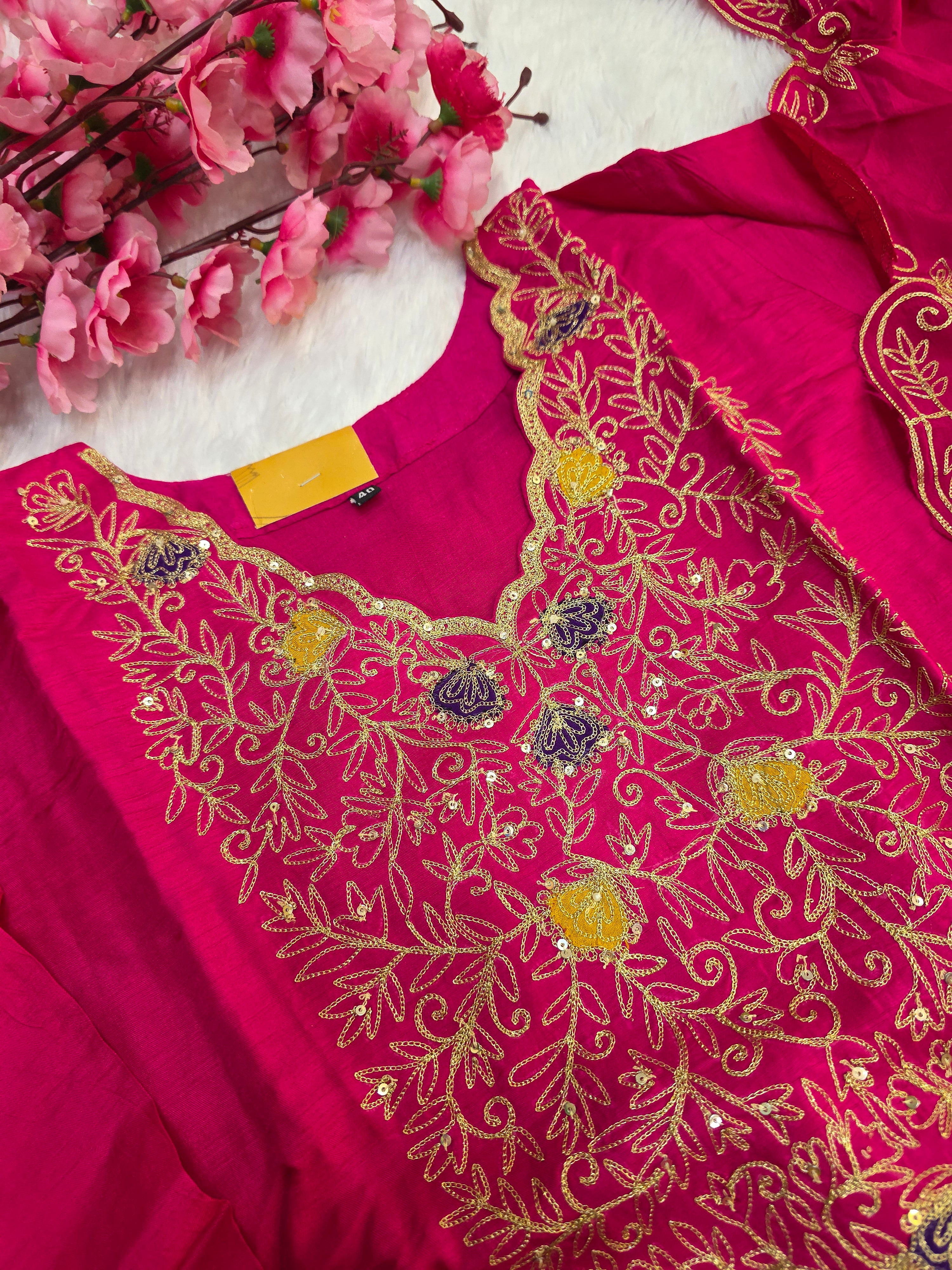 C81009 Premium Handwork Dola Silk Short Kurti WIth Sharara and Dupatta Set