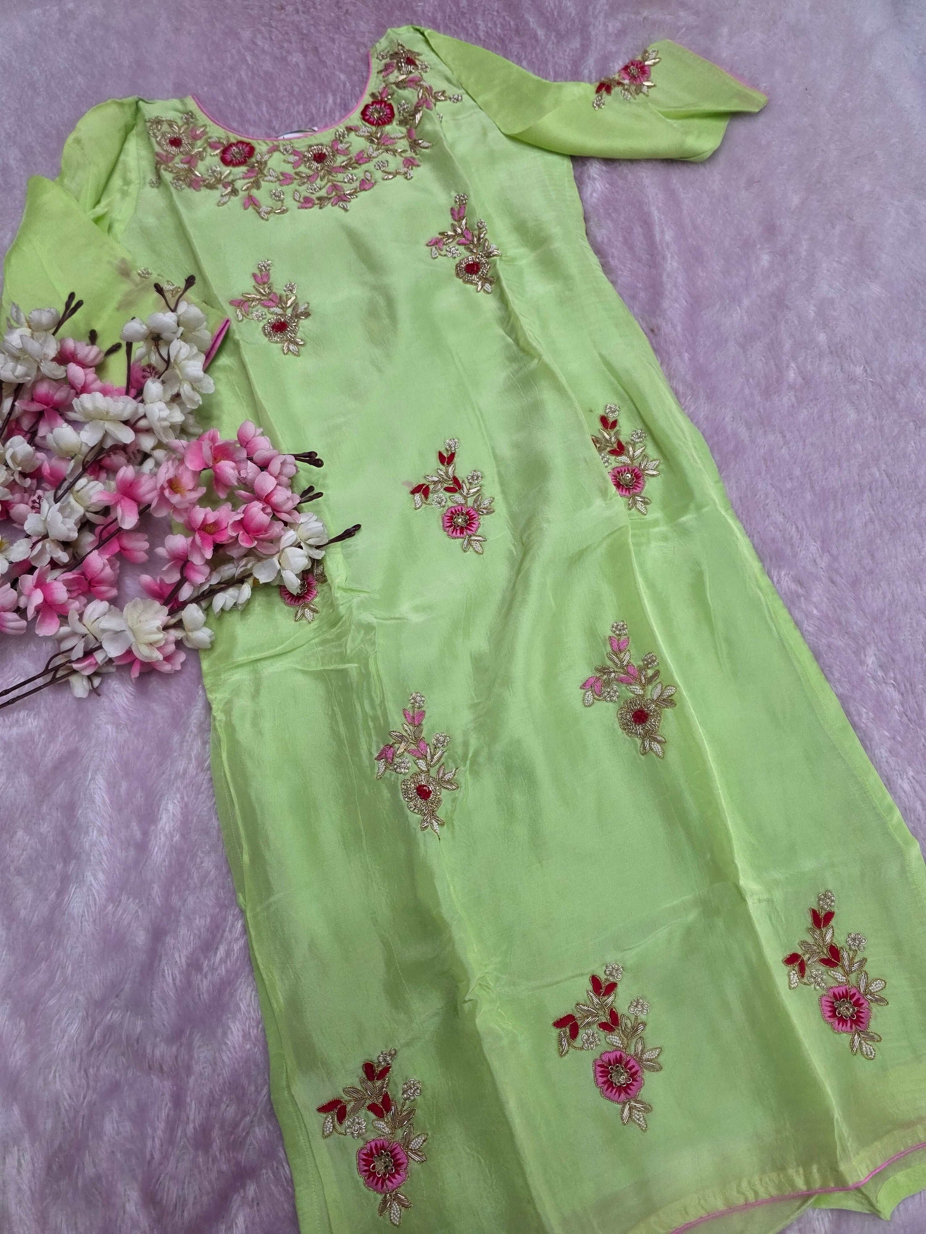 977010 Party Wear Designer Straight Kurti with Hand Gota and Zardosi Work