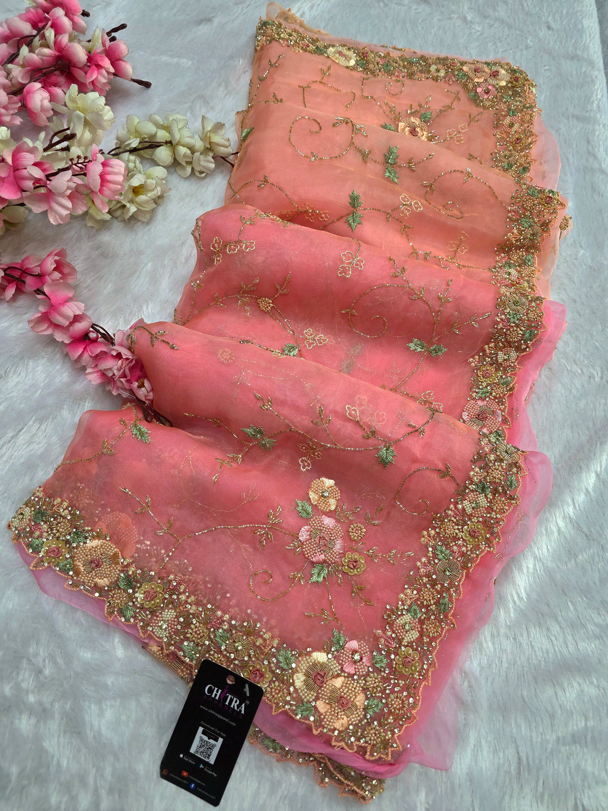 9040 Premium Dual Shade Peach Pink Pure Organza Saree with Cut Dana, Pearl & Beads Work
