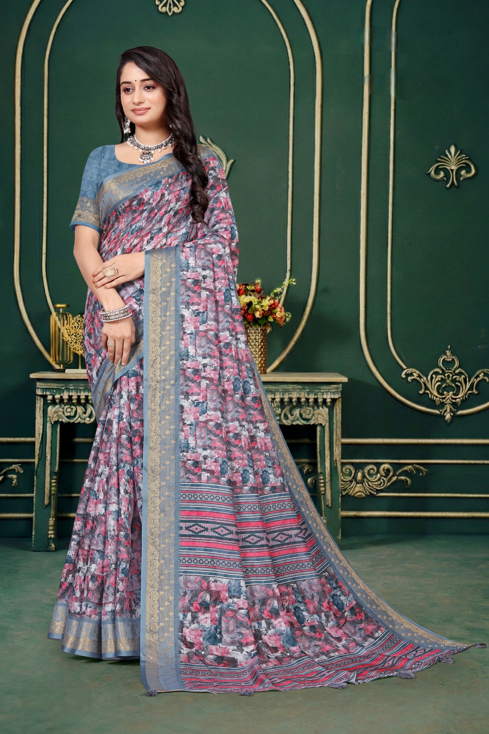 102201 Designer Soft Dola Silk Flower Printed Saree with Zari Weaving Border