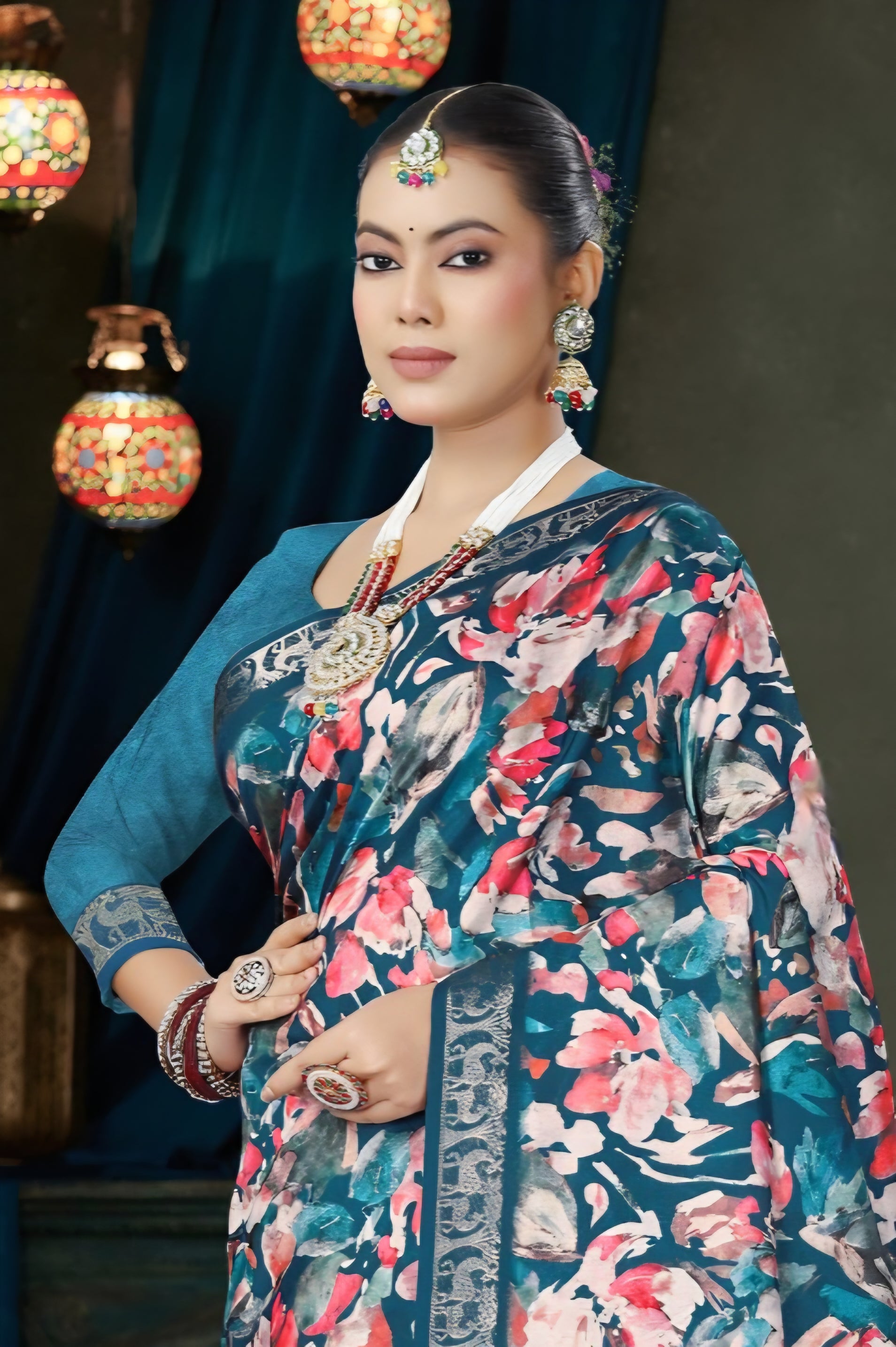 982001 Bollywood Style Soft Crepe Silk Flower Print Saree with Zari Weaving Border