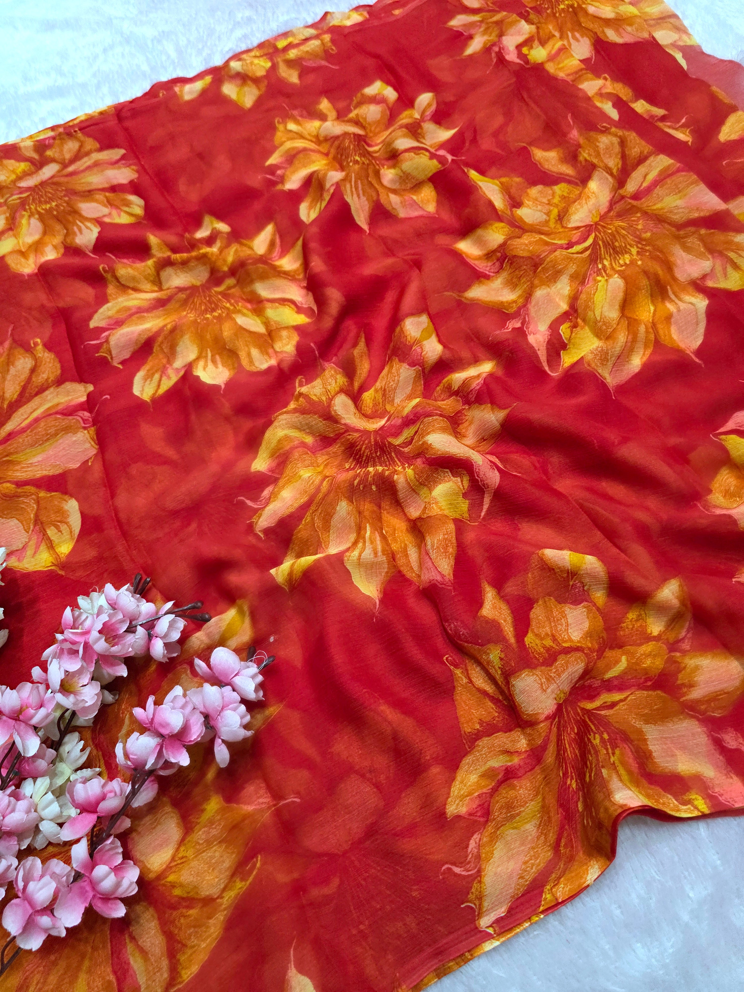 905001 Lightweight Elegant Semi Chiffon Flower Print Saree - Orange