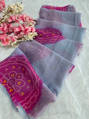 CA1486 Lightweight Elegant Semi Chiffon Bandhani Print Saree - Gray