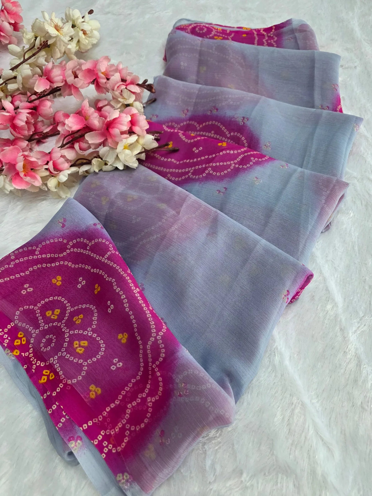 CA1486 Lightweight Elegant Semi Chiffon Bandhani Print Saree - Gray