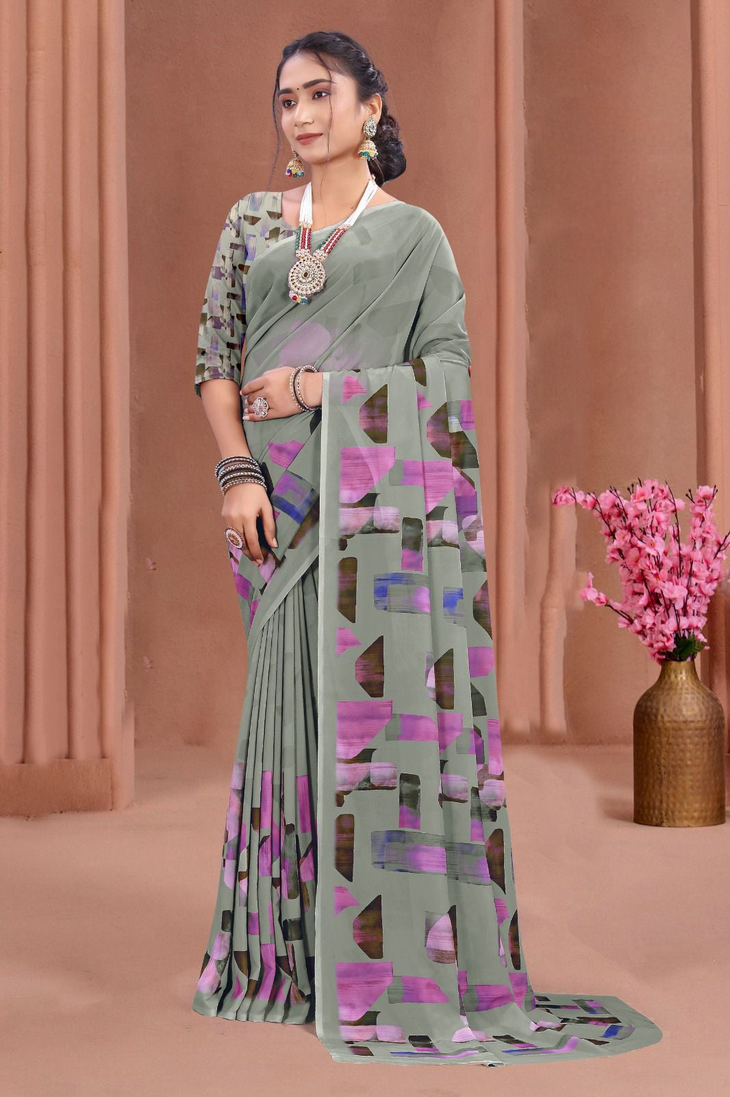 695012 डिजिटल फ्लावर प्रिंट जॉर्जेट क्रेप साड़ी
