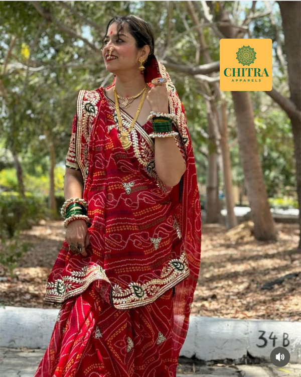964001 Rajasthani Traditional Bandhani Saree with Gota Patti Work