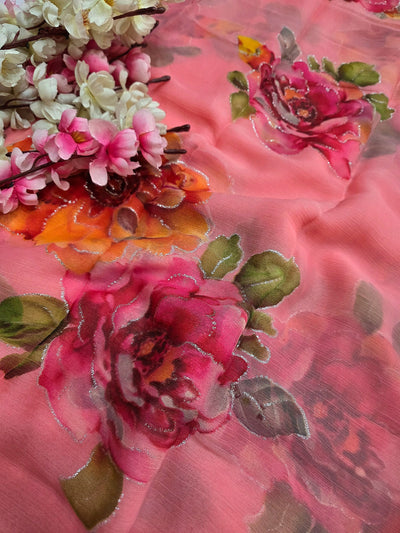 991004 Lightweight Elegant Semi Chiffon Flower Print Saree with Zari Print - Pink