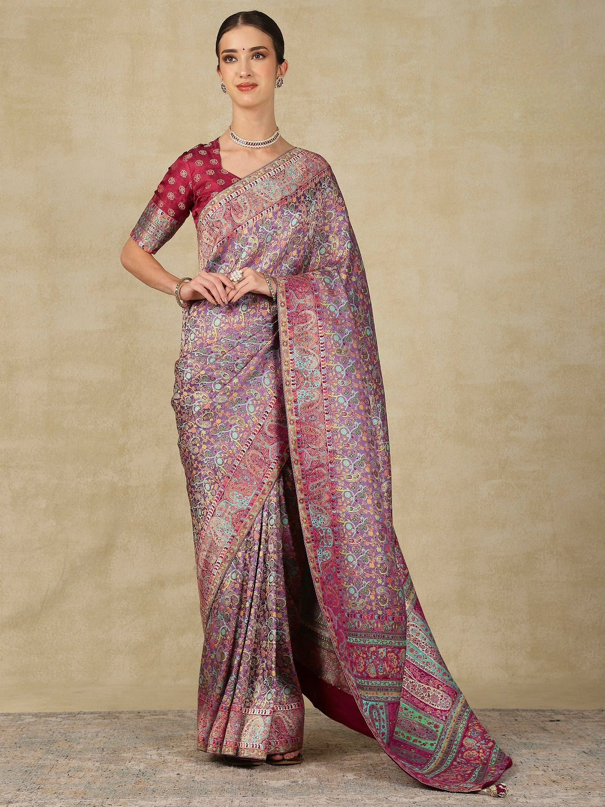 938003 Royal Kashmiri Pashmina Silk Lavender Saree with Heavy Blouse