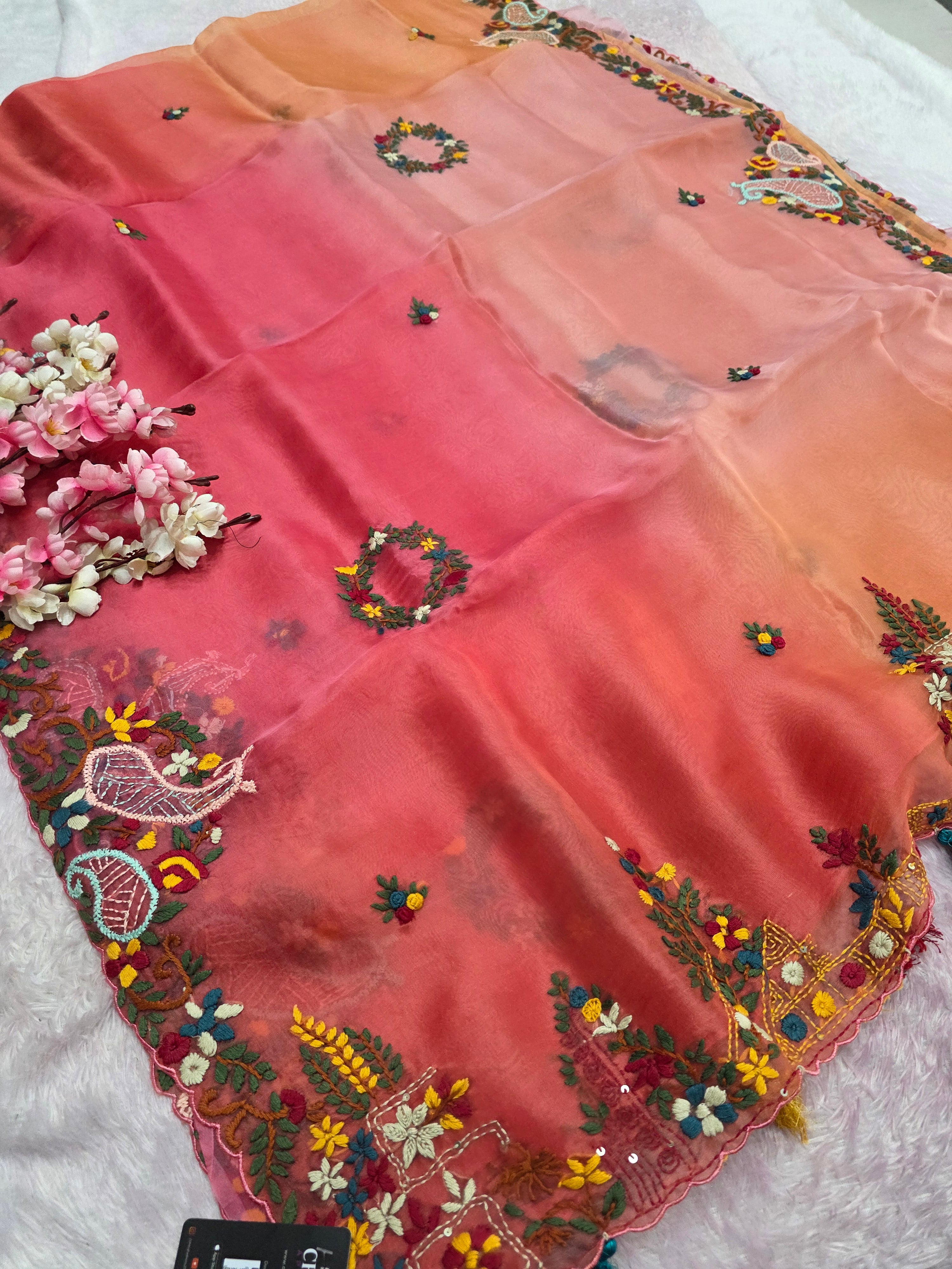 10163 Pure Premium Organza Saree with Hand Kantha Embroidery | Pink, Orange Rani & Peach Shades | Rich Elegant Designer Saree