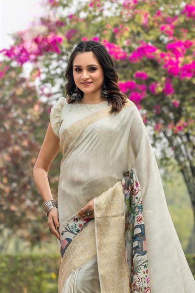 996006 Beautiful Pure Maslin Silk Traditional Print Saree with Zari Weaving Border Heavy Brocket Blouse