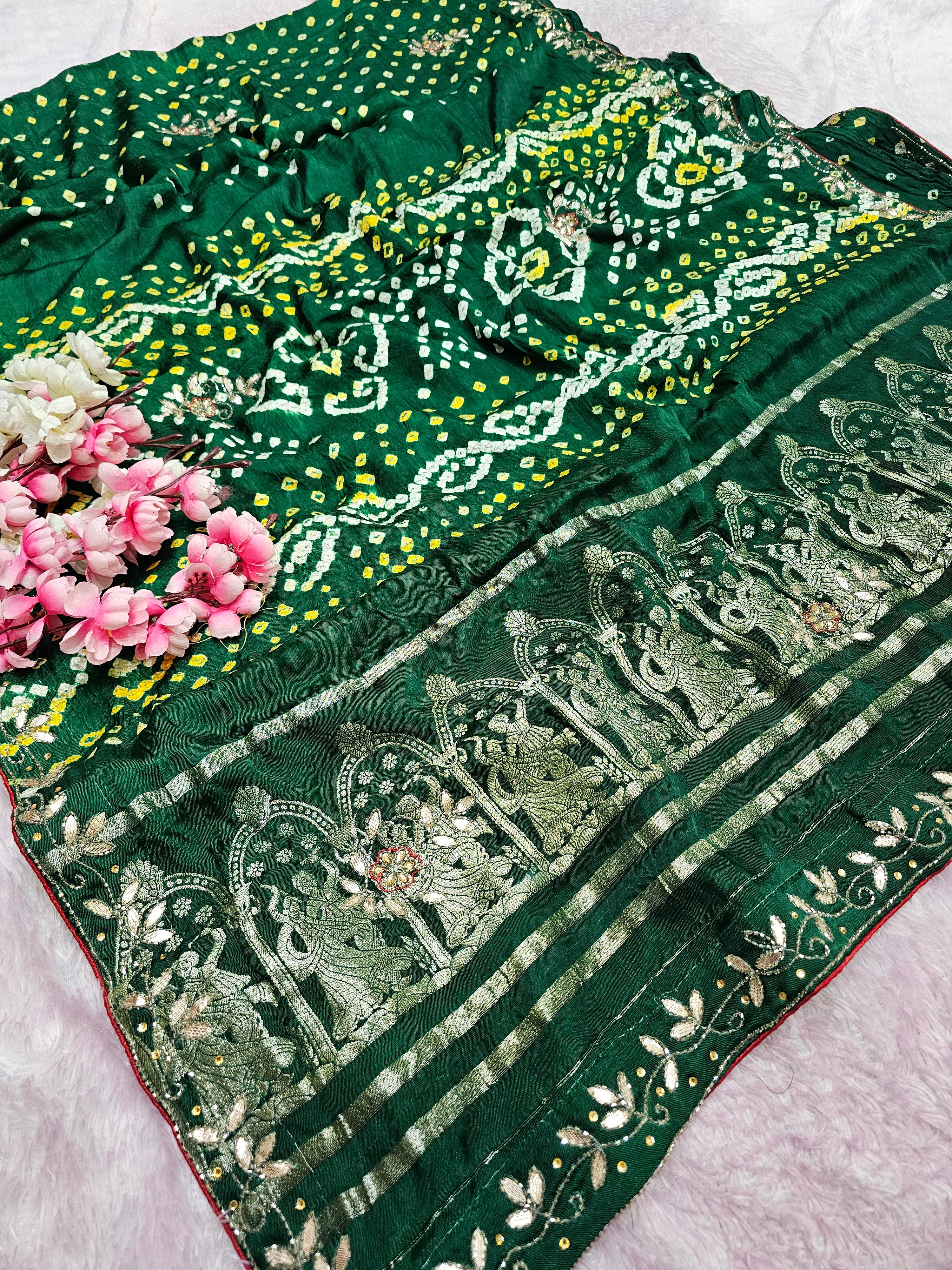 987008 Traditional Modal Gajji Silk Hand Bandhani Saree with Hand Gota Patti Work - Green