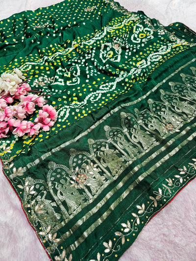 987008 Traditional Modal Gajji Silk Hand Bandhani Saree with Hand Gota Patti Work - Green