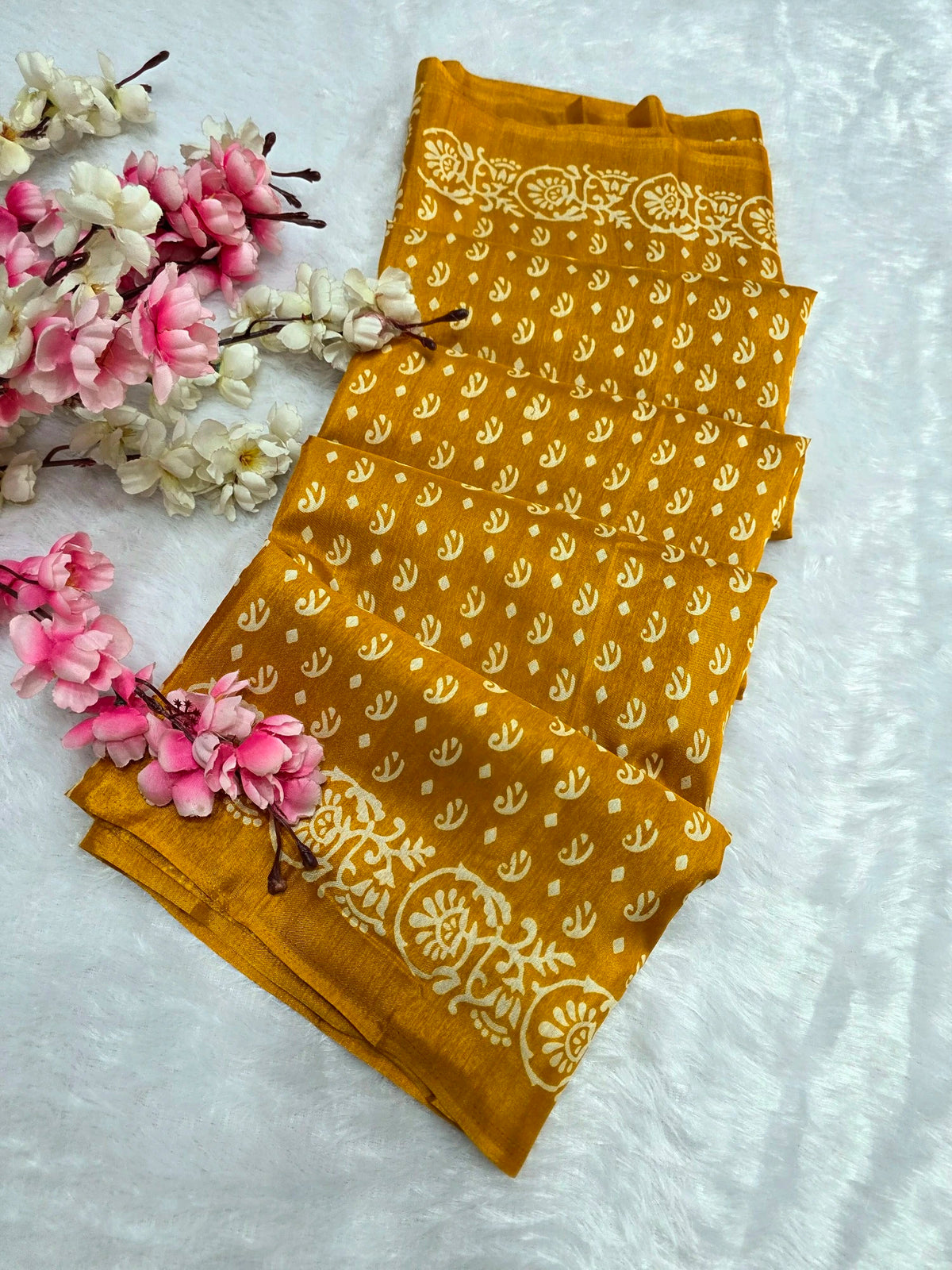DS149 Semi Dola Silk Block Print Saree - Yellow