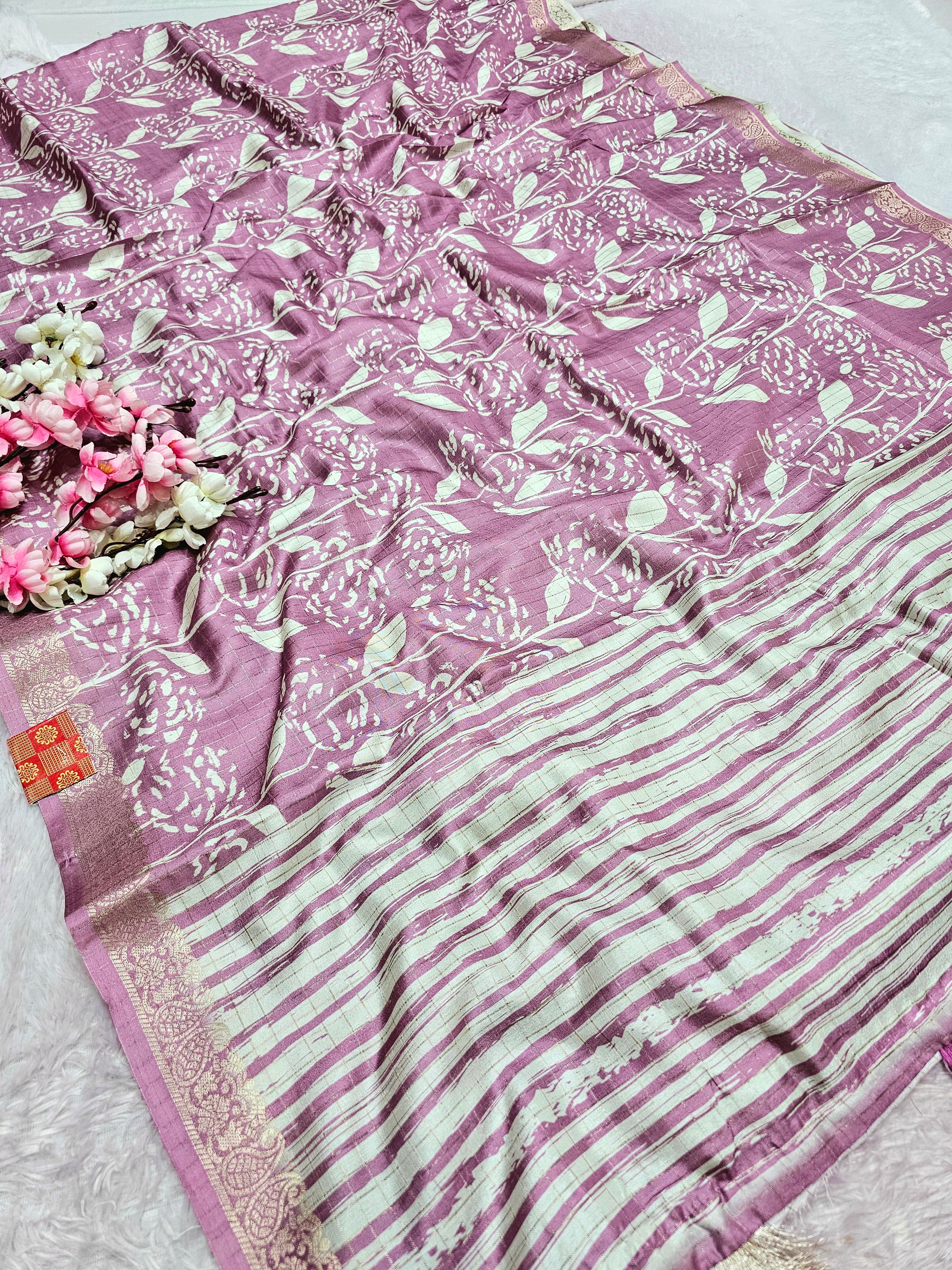 101103 Exclusive Soft Viscose Silk Printed Saree with Zari Weaving Checks