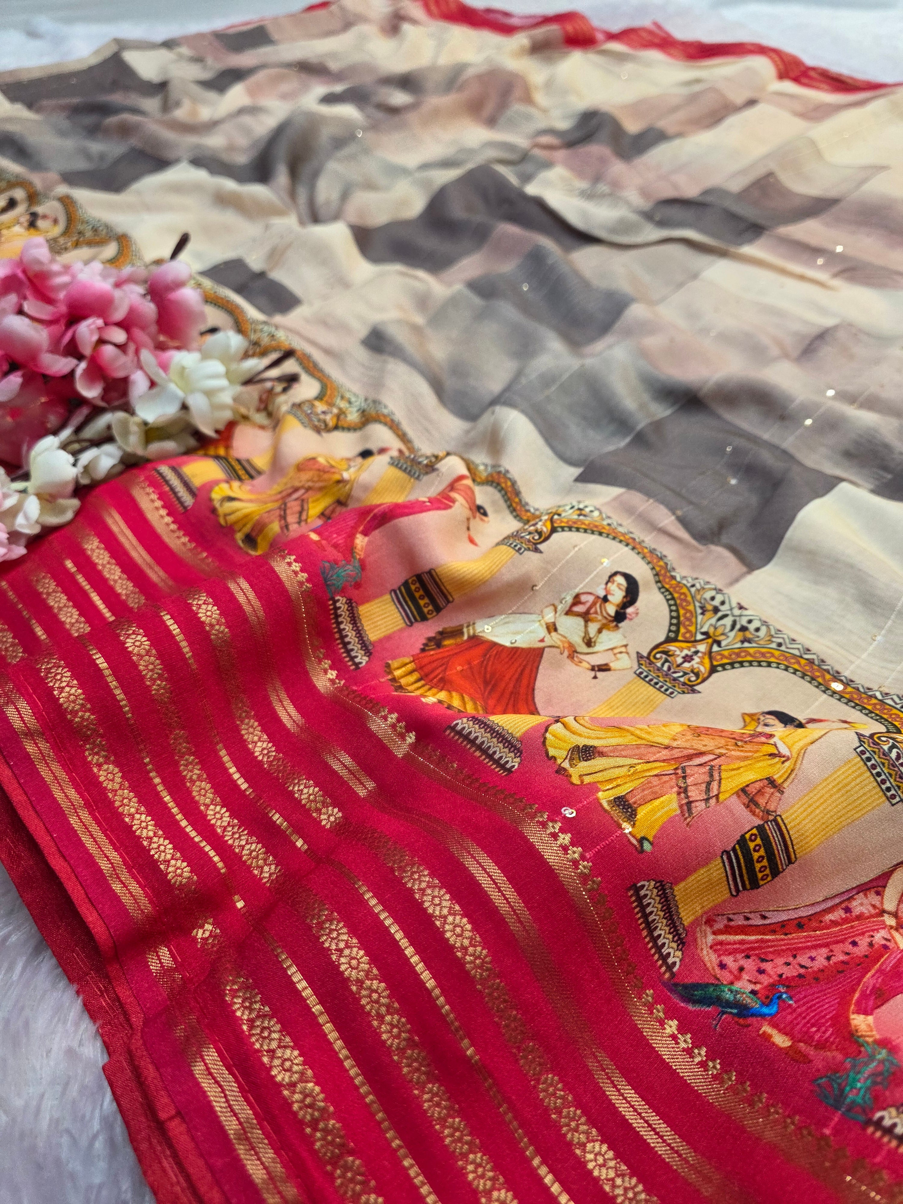 104003 Chitra Special Maslin Silk Designer Hand Print Saree with Zari Weaving Border