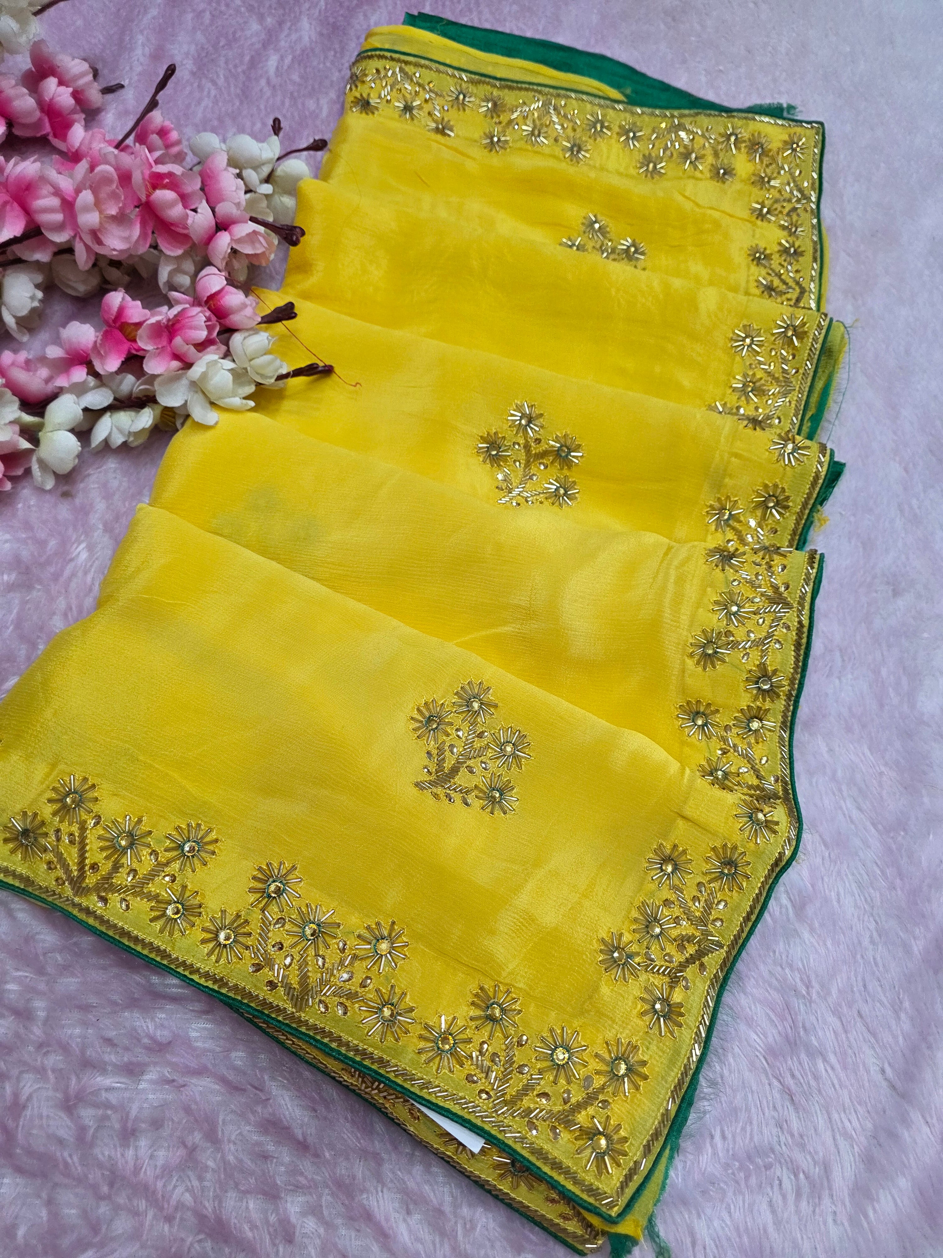 5445 Pure Chinon Silk Beautiful Hand Crafted Designer Yellow Saree With Hand Work