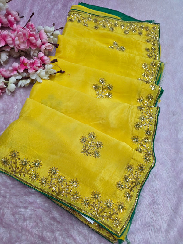 5445 Pure Chinon Silk Beautiful Hand Crafted Designer Yellow Saree With Hand Work