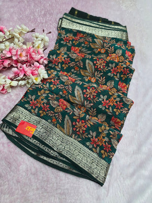 CA0702 Pure Chinon Silk Flower Print Green Saree