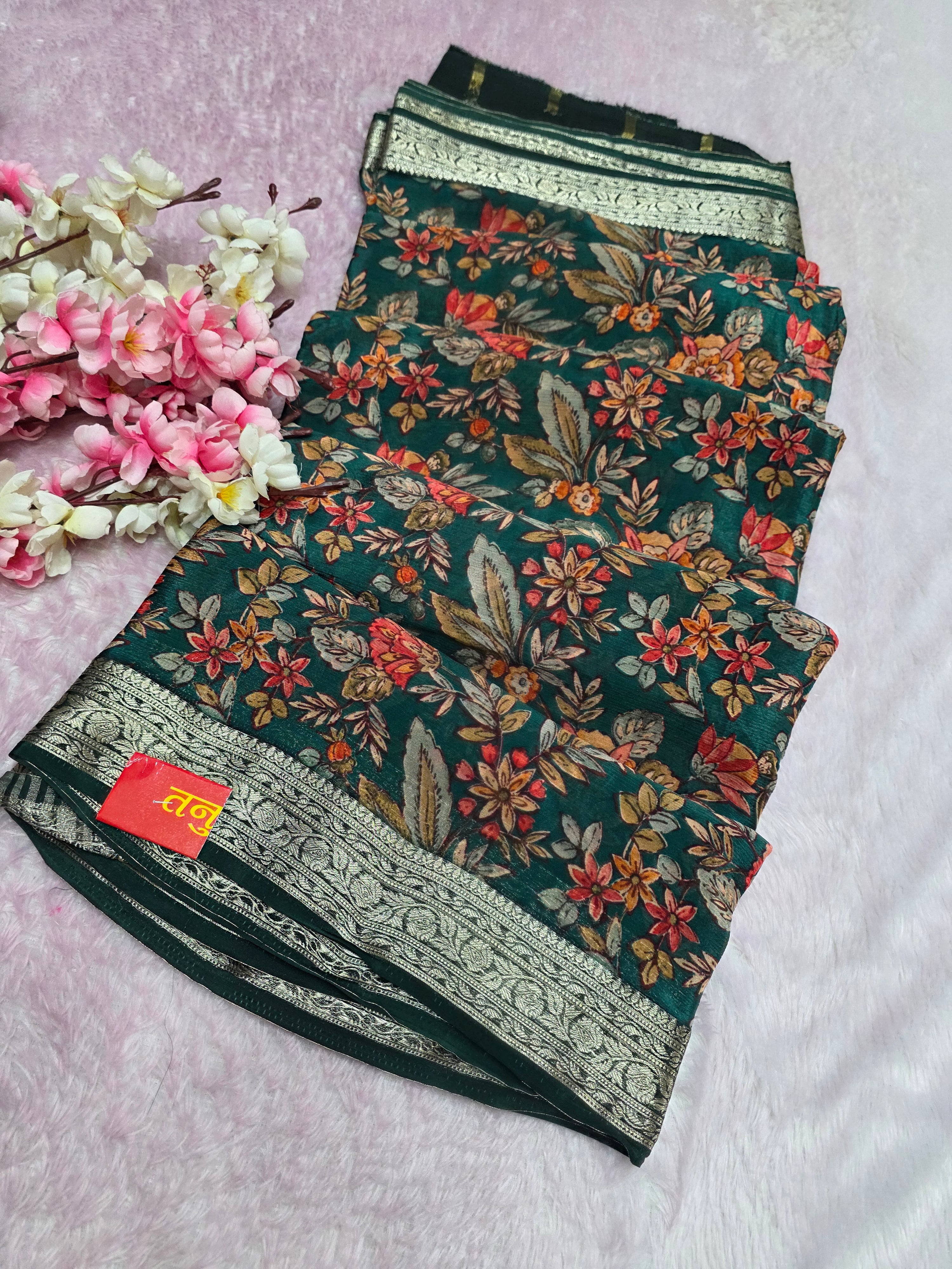 CA0702 Pure Chinon Silk Flower Print Green Saree