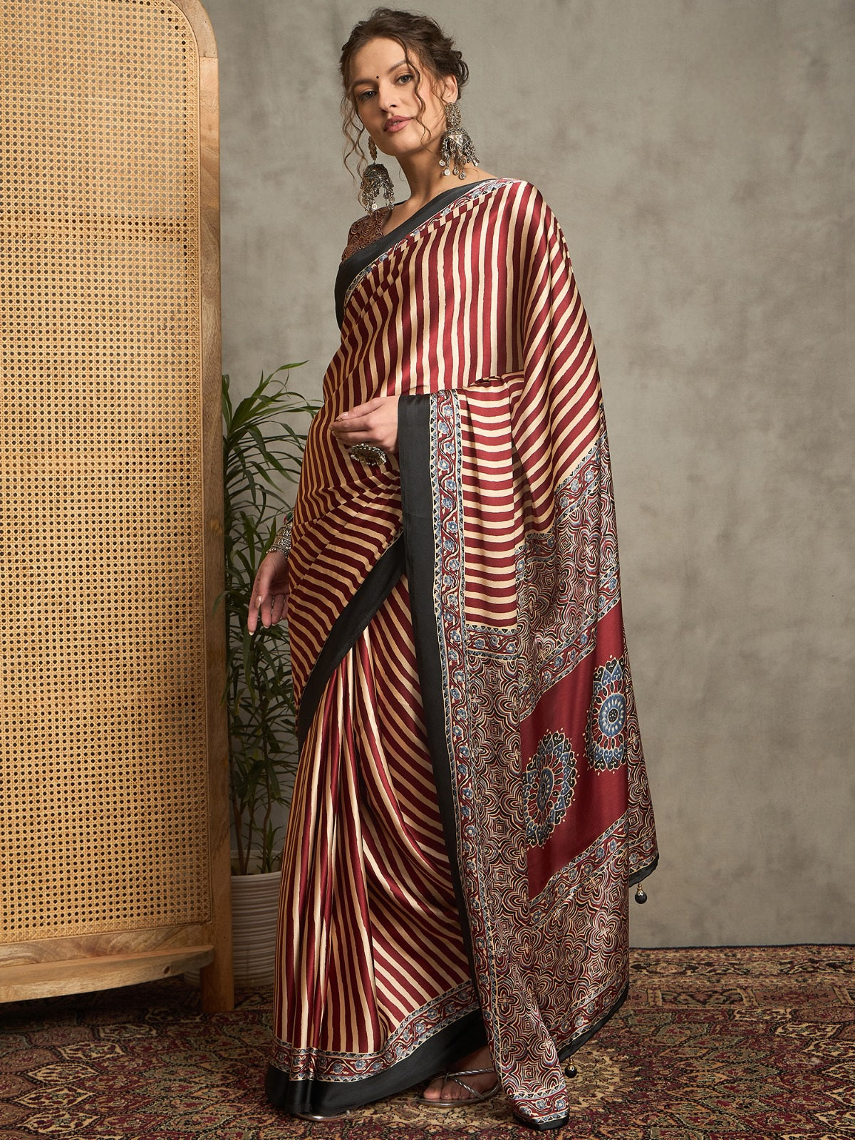 971005 Trending Ajrakh Print Semi Modal Silk Saree