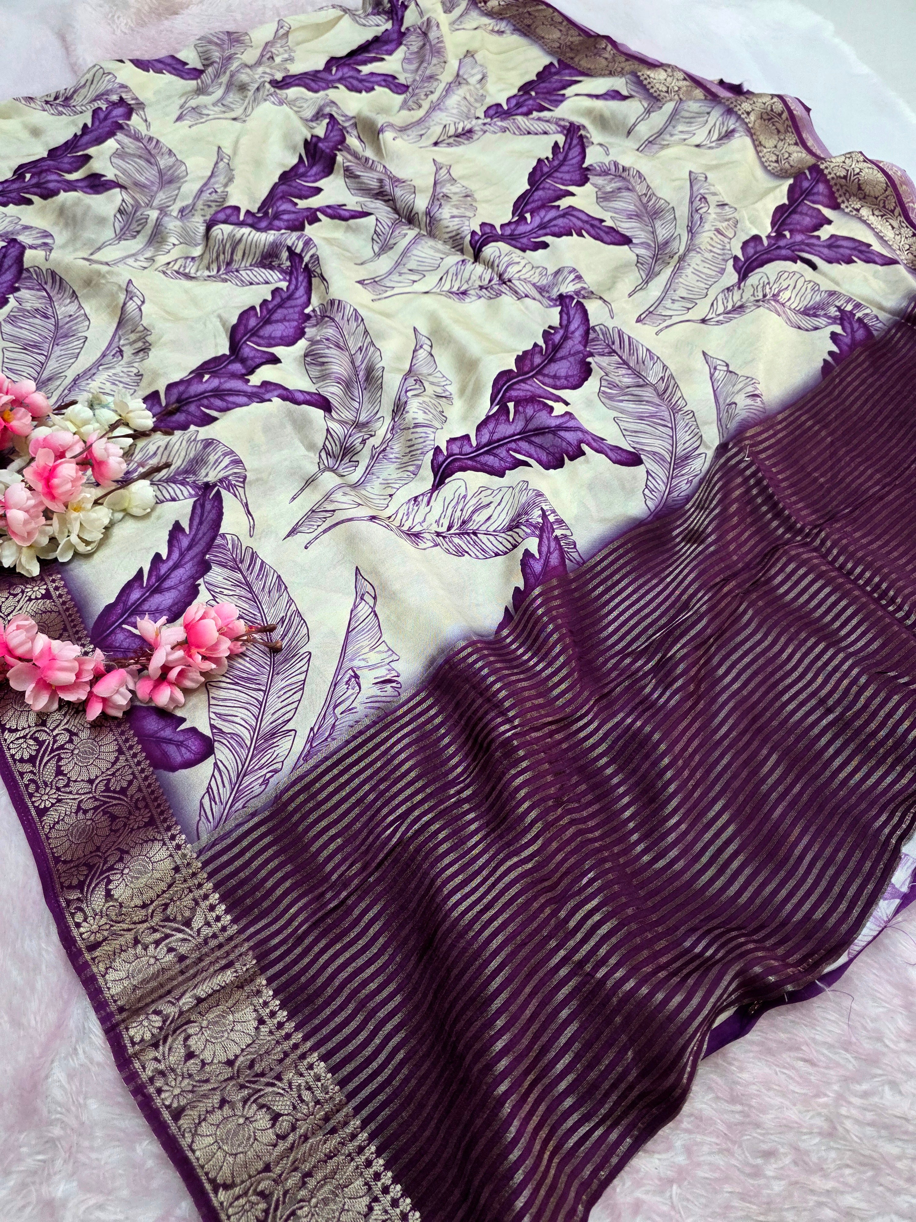 102301 Beautiful Pure Maslin Silk Purple Leaf Print Cream Saree with Zari Weaving Border and beautiful Brocket Blouse