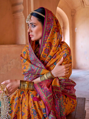 999001 Premium Kashmiri Print Silk Yellow/Mustered Saree With Gold Print