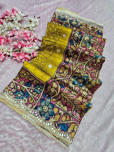 CA1022 Yellow Tusser SIlk Kalamkari Saree