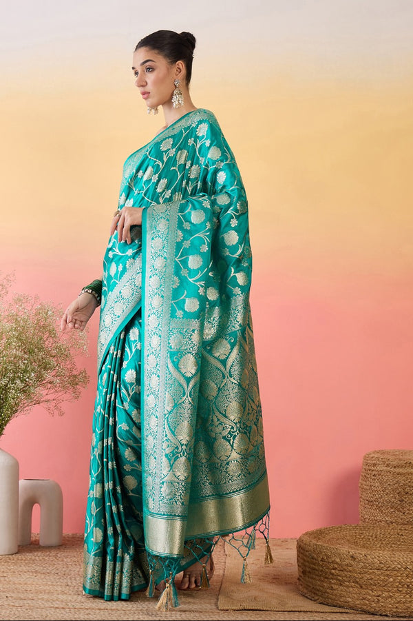 912001 Jhankar Zal Work Banarasi Satin Silk Saree - Teal