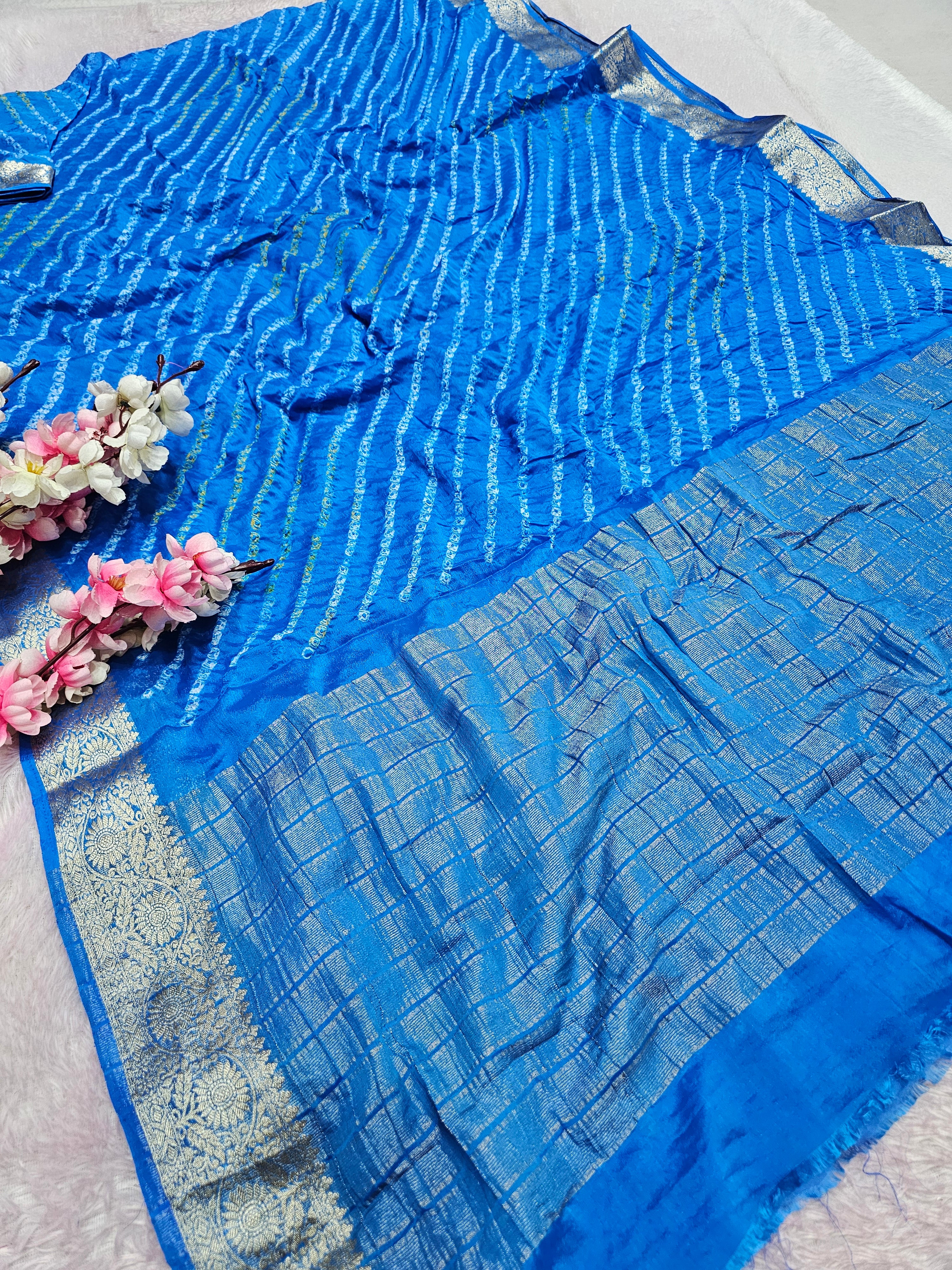 12529 Traditional Hand Bandhani Chinon Silk Soft Saree - Blue