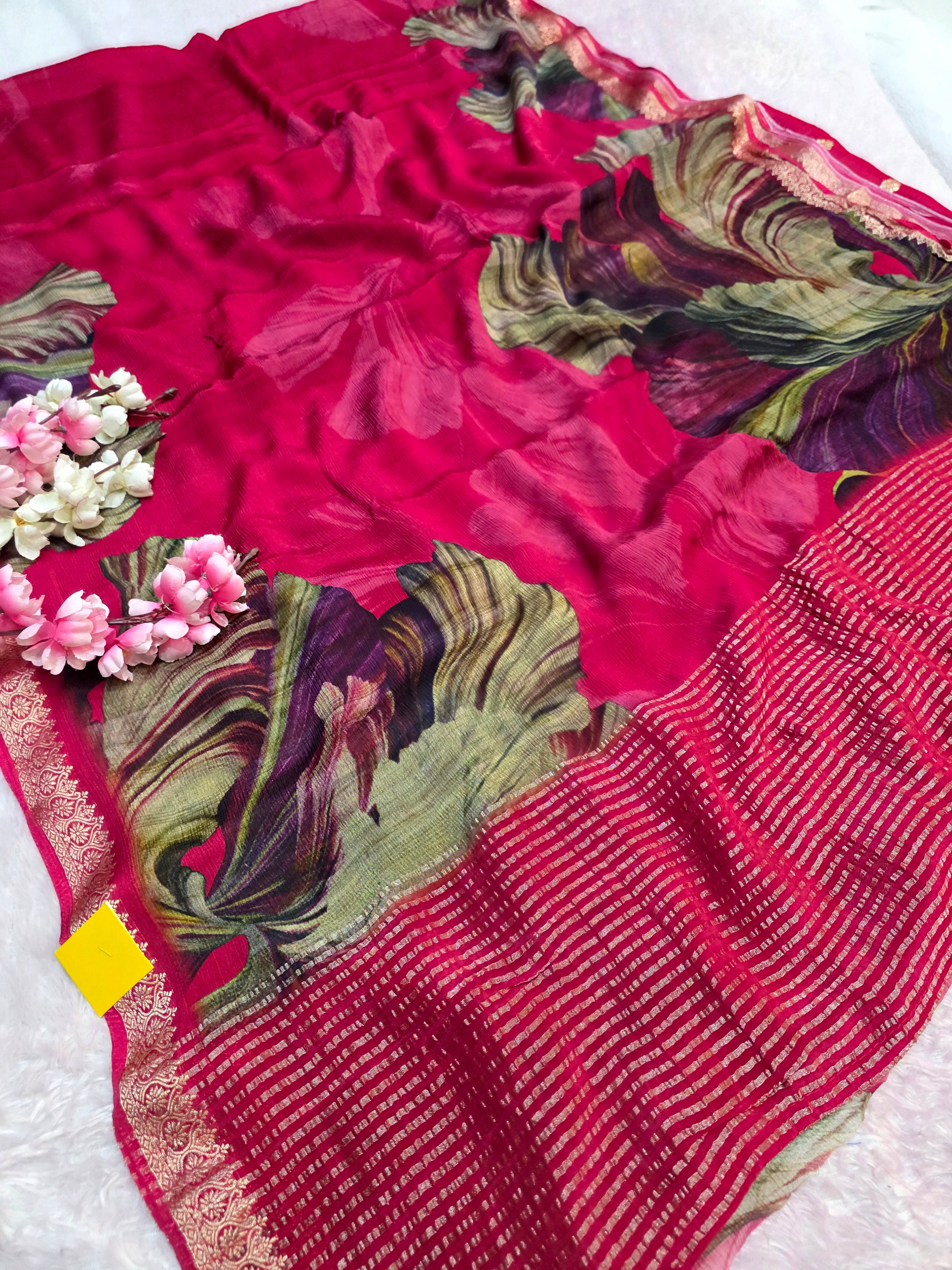 103802 Exclusive Pure Chinon Silk Traditional Print Rani Saree with Zari Weaving Border
