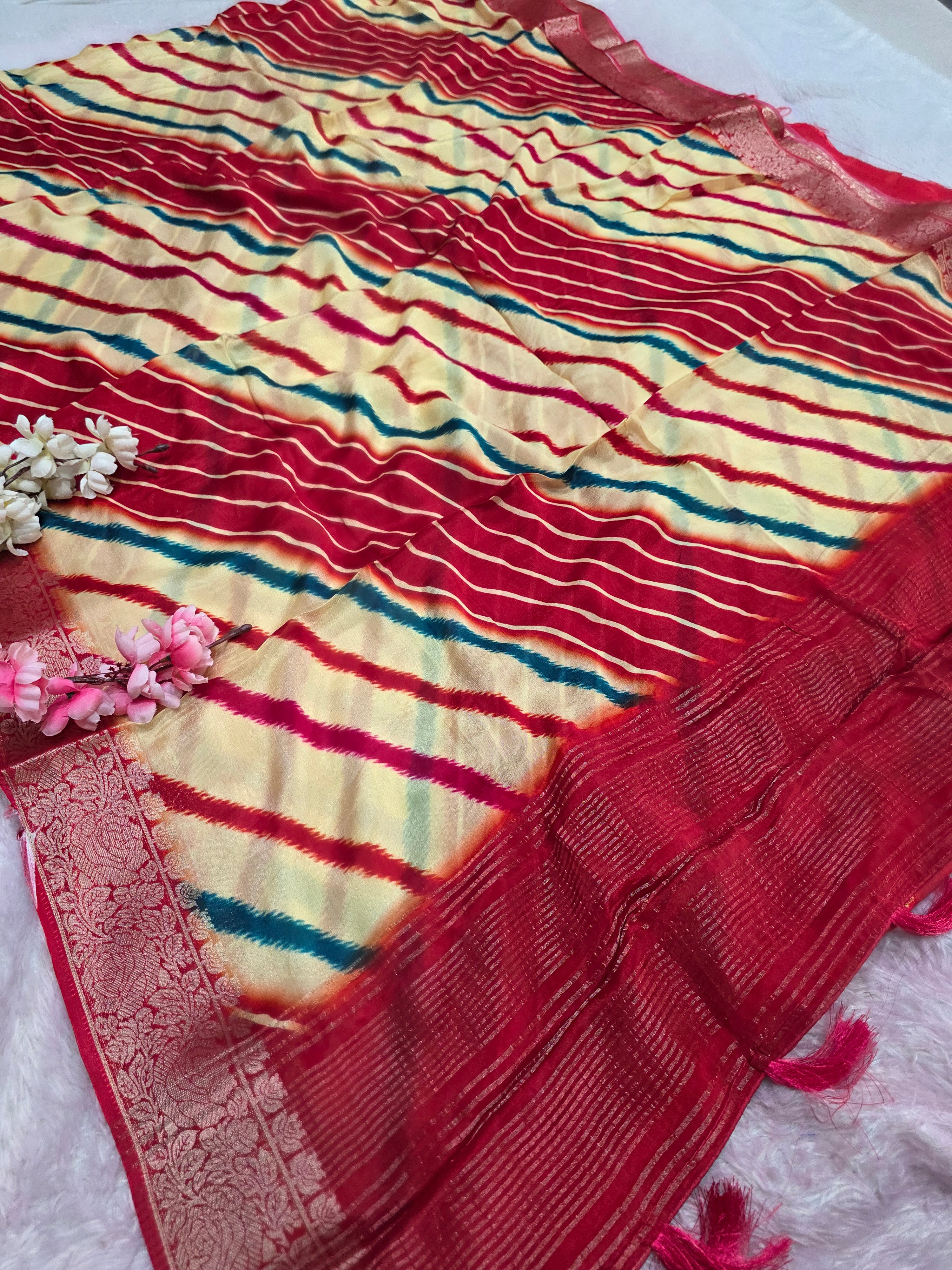 CA0697 PURE CHINON LAHRIYA SAREE - Red
