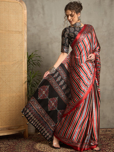 971007 Trending Ajrakh Print Semi Modal Silk Saree 12438