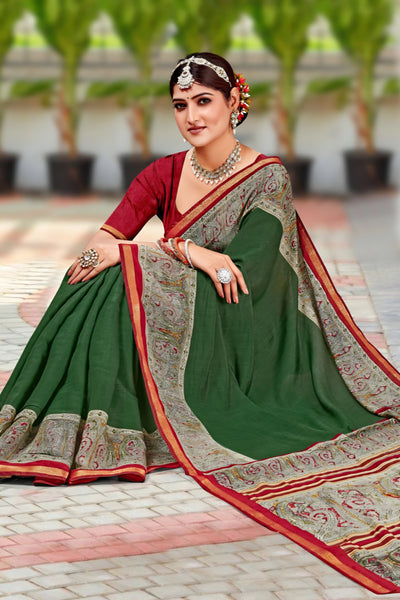 920002 Very Soft and Premium Looking Cotton Saree with Zari Border - Green