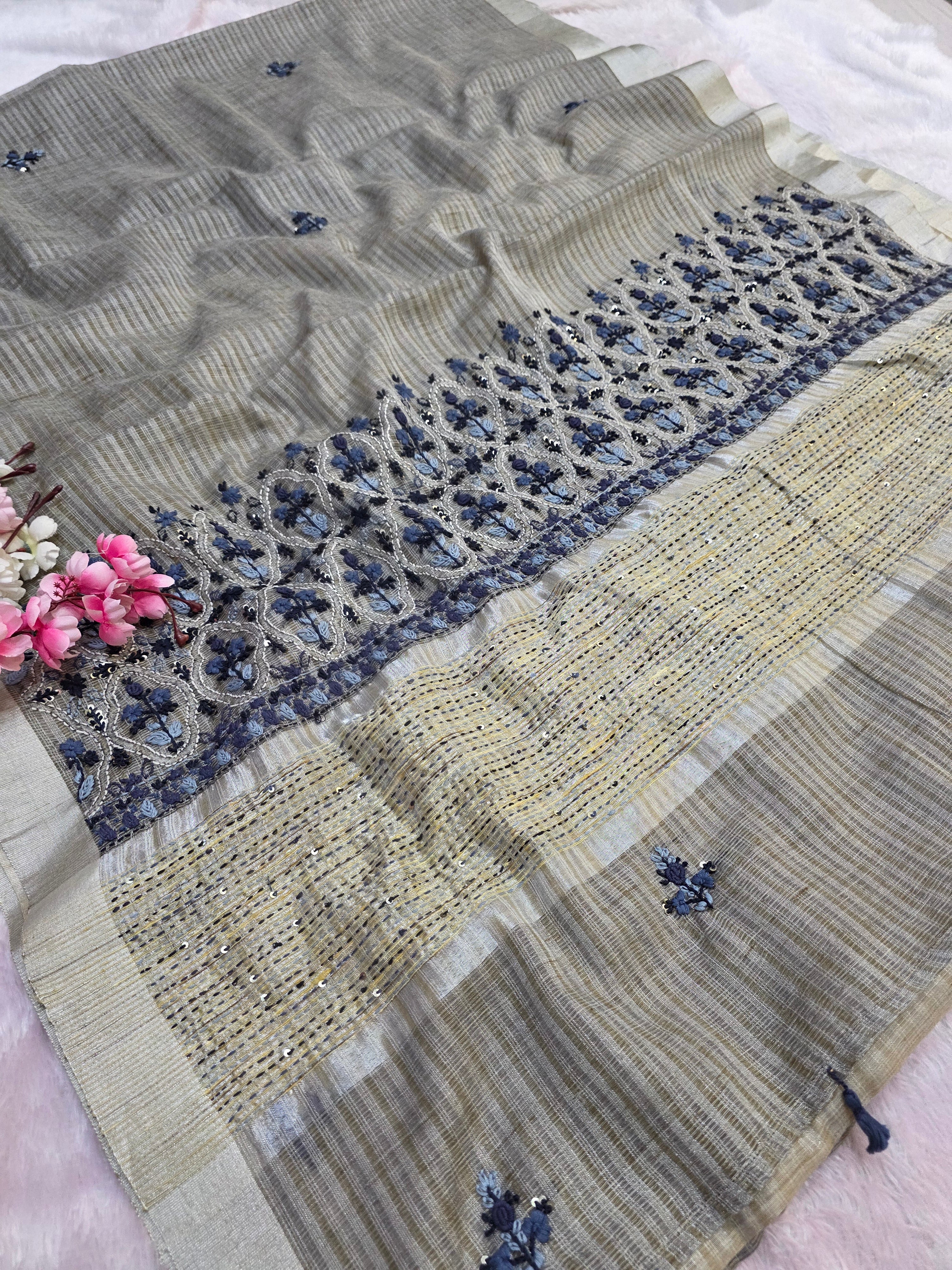 878002 Pure Kota Cotton Silk Hand Embroidery Suta Work Saree - Gray