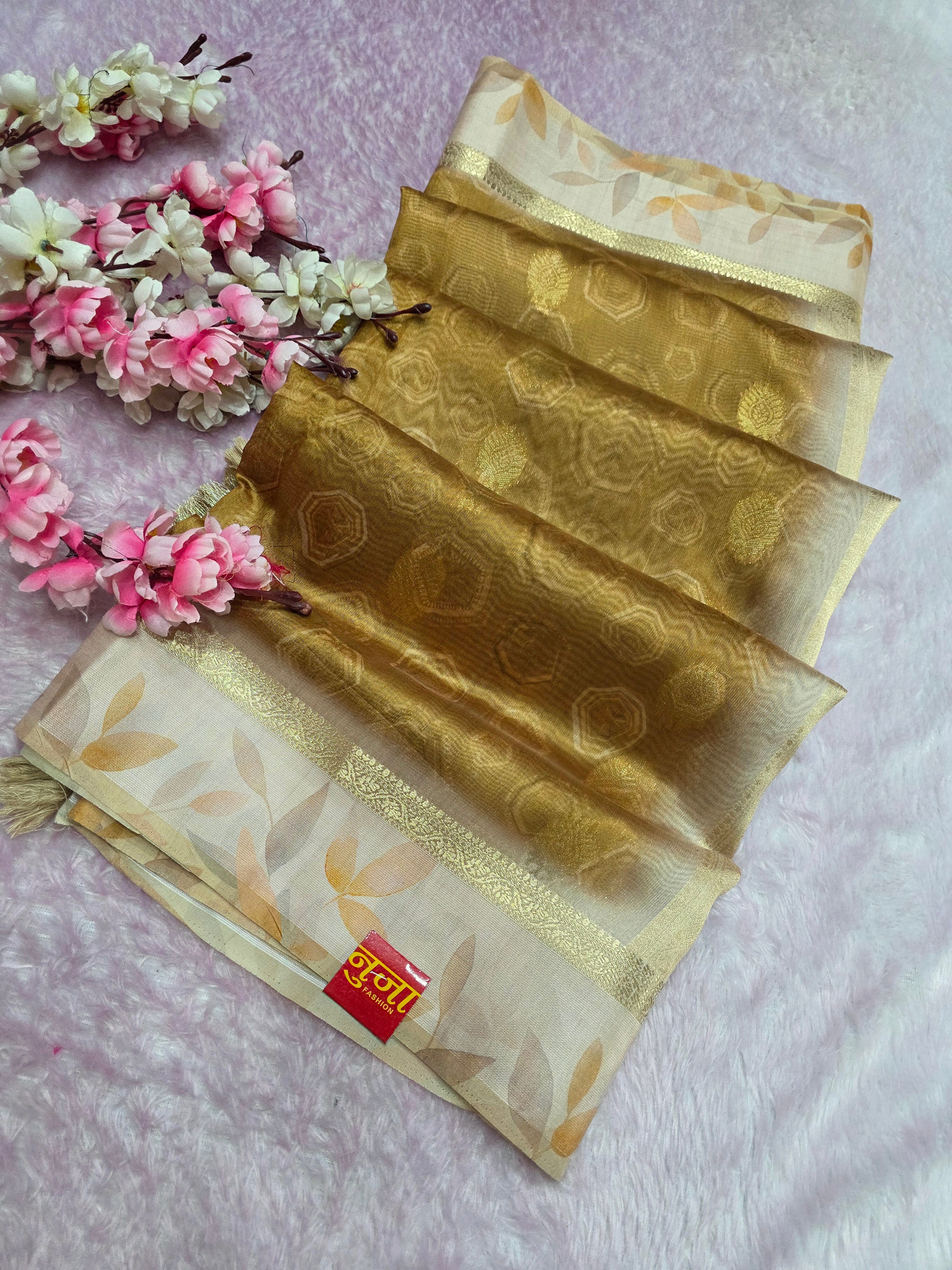 103104 Chitra Special Soft Banarasi Silk Saree with Flower Printed Blouse and Zari Weaving