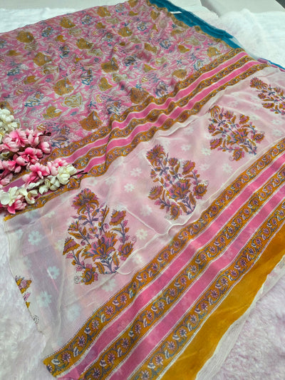CA1448 Pure Rajasthani Diamond Chiffon Saree with Hand Print pink flower saree