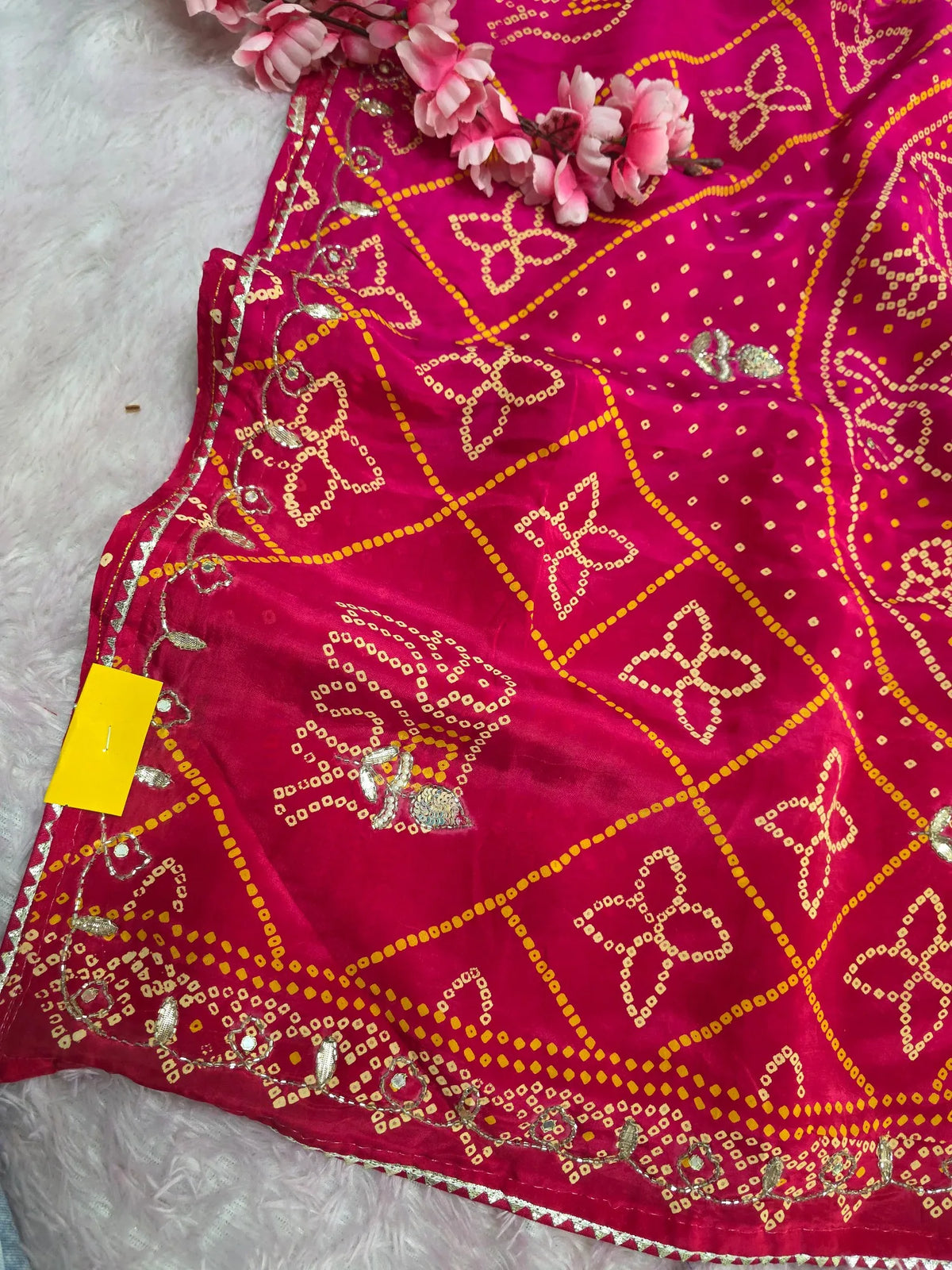 4620 Traditional Bandhani Print Pure Upada Silk Saree with Gotapatti Handwork - Red Pink