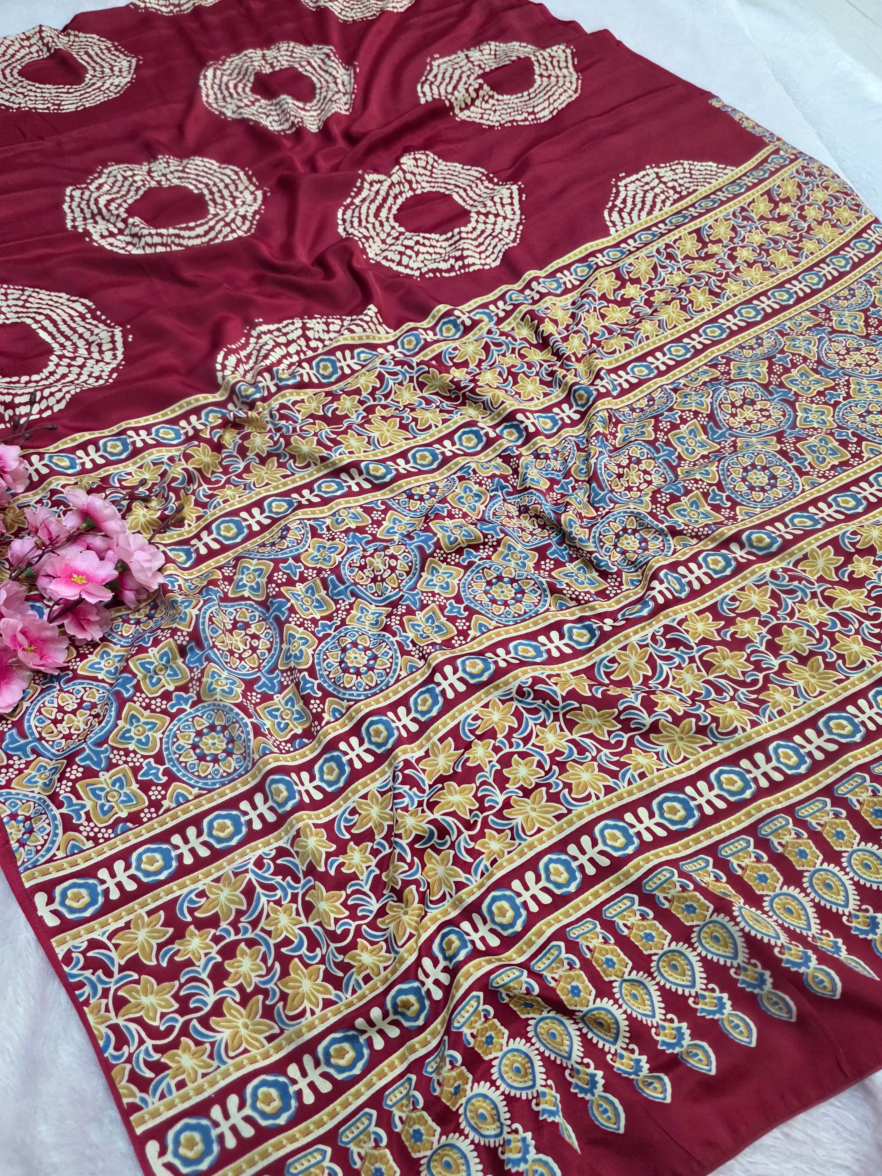 939002 Traditional Ajrakh Print with Shibori Satin Silk Saree - Maroon Red