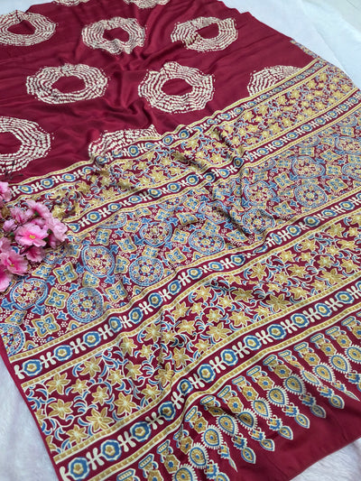 939002 Traditional Ajrakh Print with Shibori Satin Silk Saree - Maroon Red