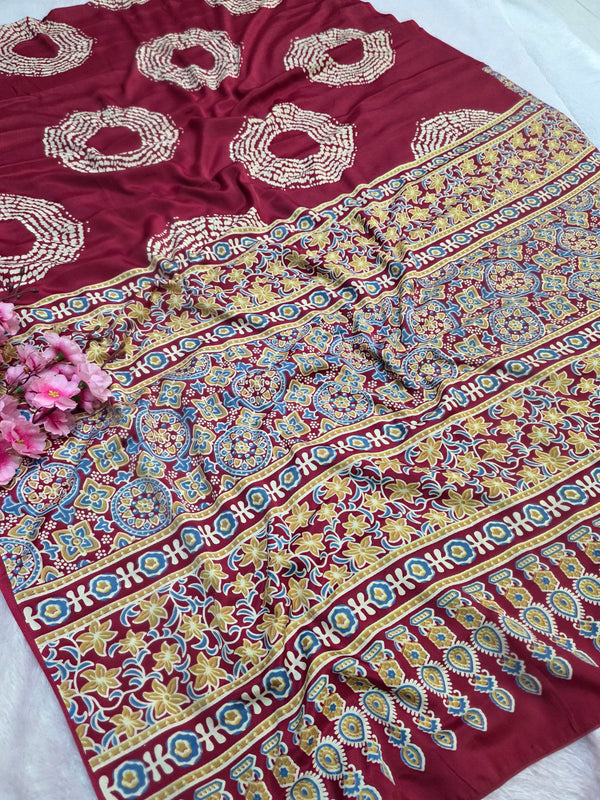 939002 Traditional Ajrakh Print with Shibori Satin Silk Saree - Maroon Red