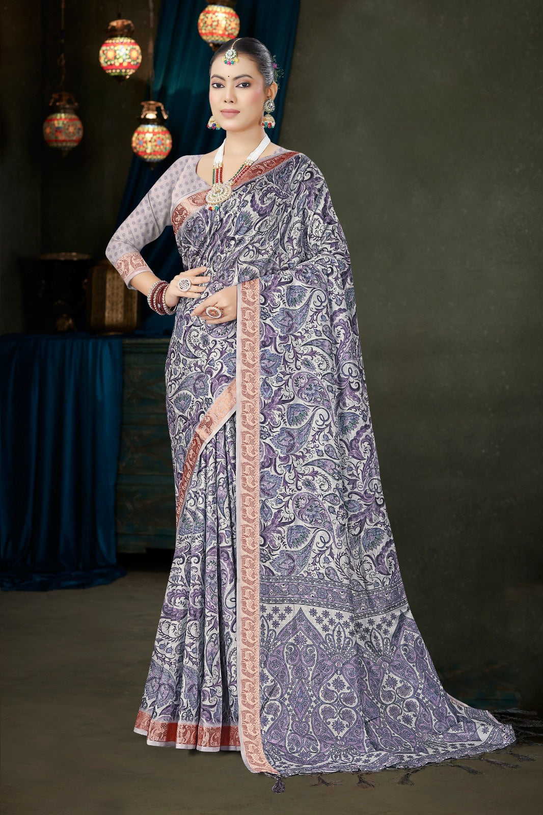 982002 Bollywood Style Soft Crepe Silk Flower Print Saree with Zari Weaving Border