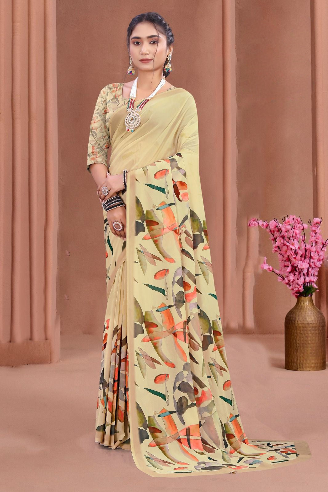 695012 डिजिटल फ्लावर प्रिंट जॉर्जेट क्रेप साड़ी