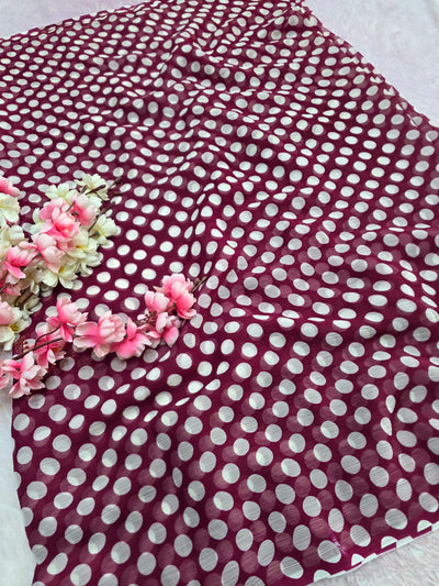 845003 Lightweight Elegant Semi Chiffon Polki Dot Print Saree - Wine