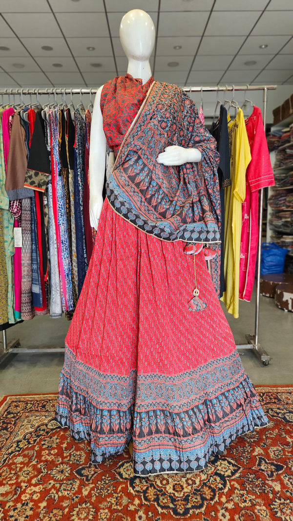 414009 Ajrakh Printed Silk Crush Lehanga Set