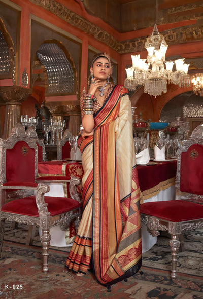 100701 Premium Patola Print Silk Saree With Gold Print - Beige