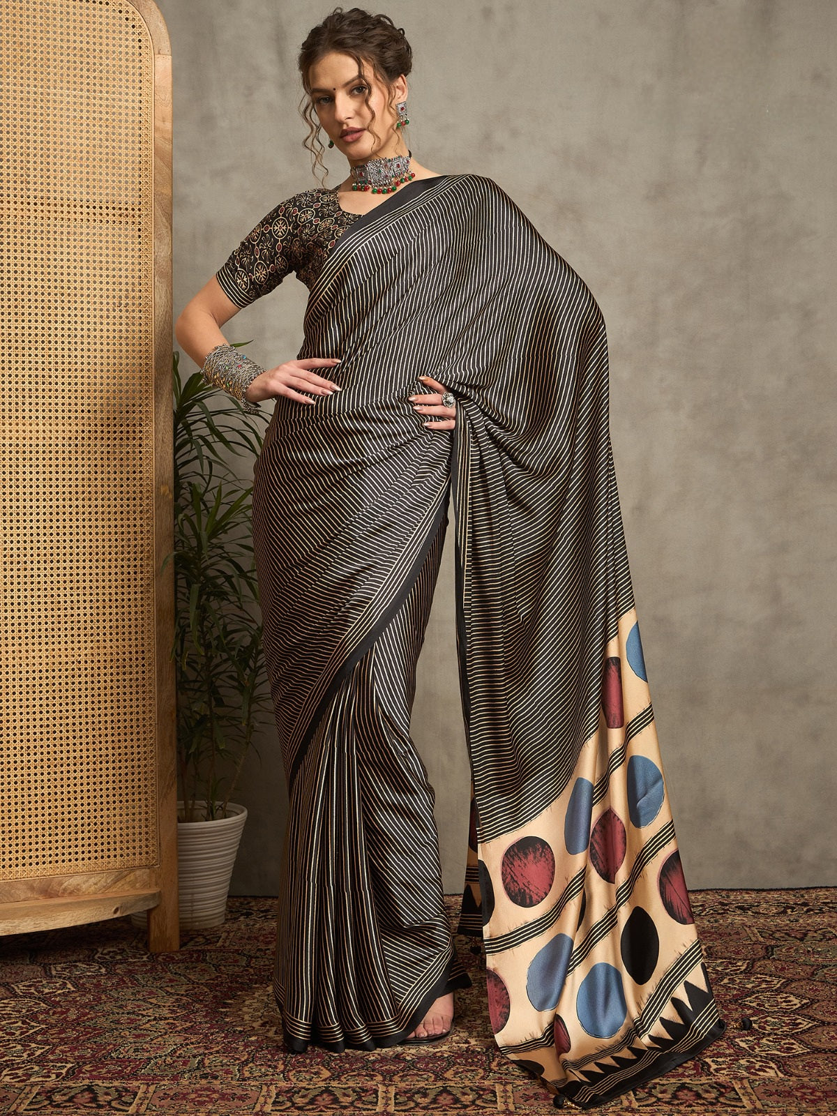 971002 Trending Ajrakh Print Semi Modal Silk Saree