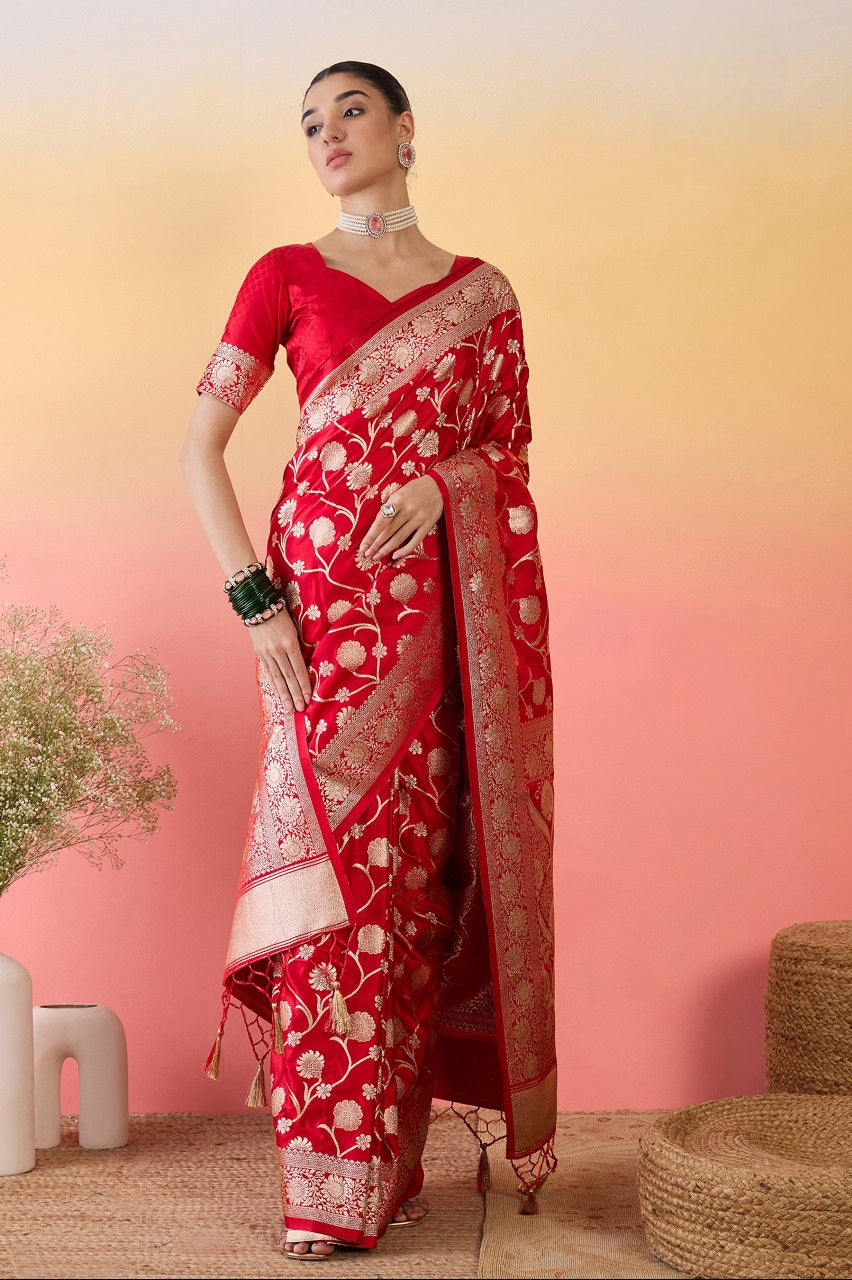 912001 Jhankar Zal Work Banarasi Satin Silk Saree - Red