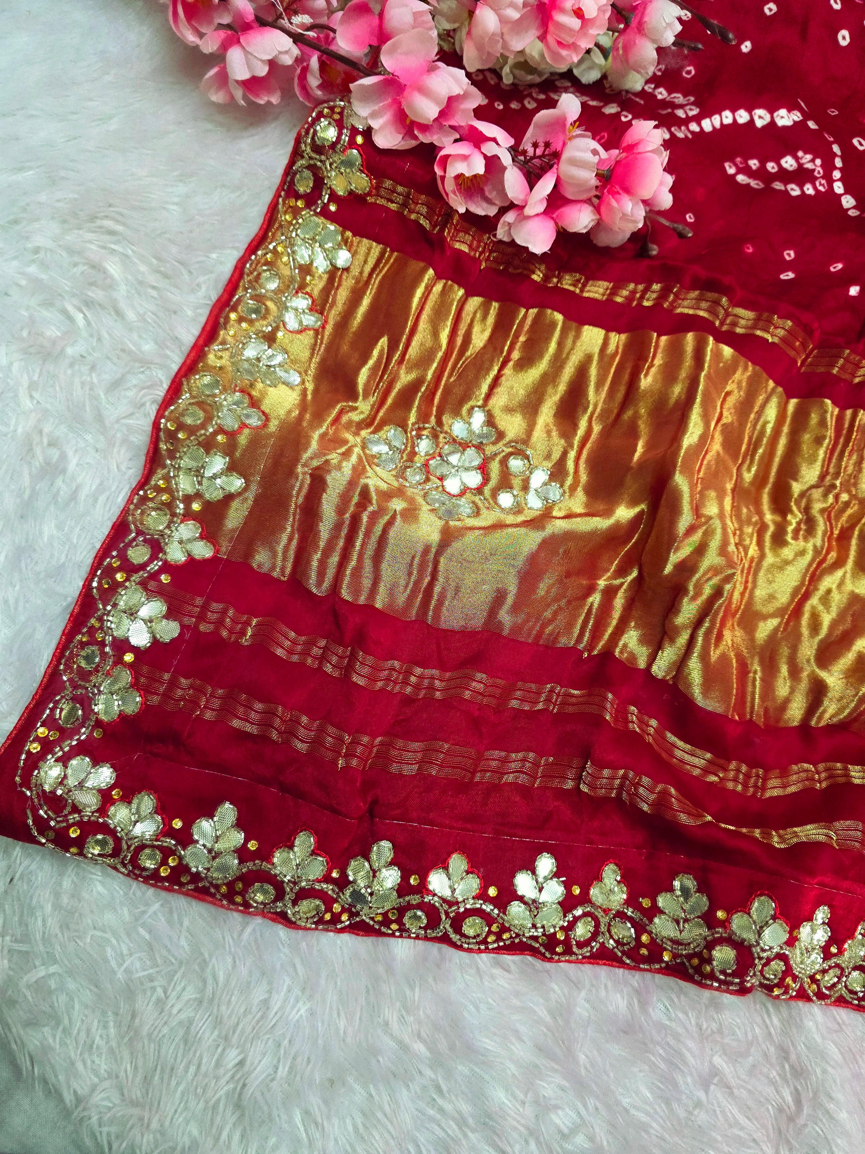 969005 Traditional Gajji Silk Bandhani Saree with Hand Gota Patti Work - Red